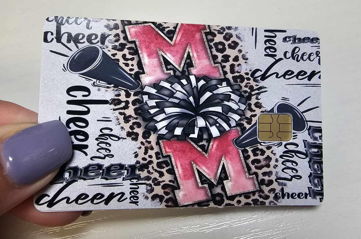 Cheer Mom Credit Card Skin – Leopard Cheerleader Megaphone Design – Spirit Debit Card Sticker for Chip Cards – Cheer Team Mom Accessory