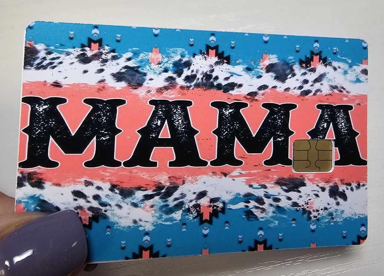 Cowhide Mama Credit Card Skin – Western Boho Aztec Style – Trendy Debit Card Sticker for Chip Cards – Country Mom Gift