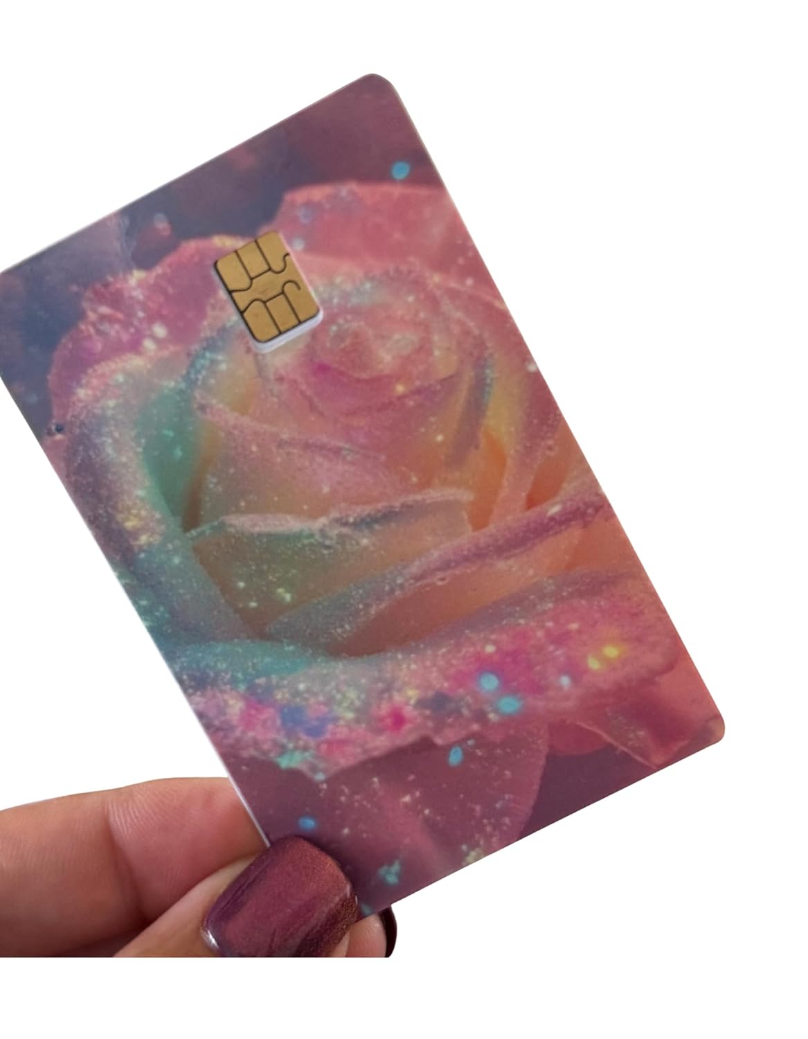 Rainbow Frost Rose Credit Card Skin – Sparkly Pastel Glitter Rose Design