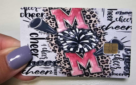 Cheer Mom Credit Card Skin – Leopard Cheerleader Megaphone Design – Spirit Debit Card Sticker for Chip Cards – Cheer Team Mom Accessory