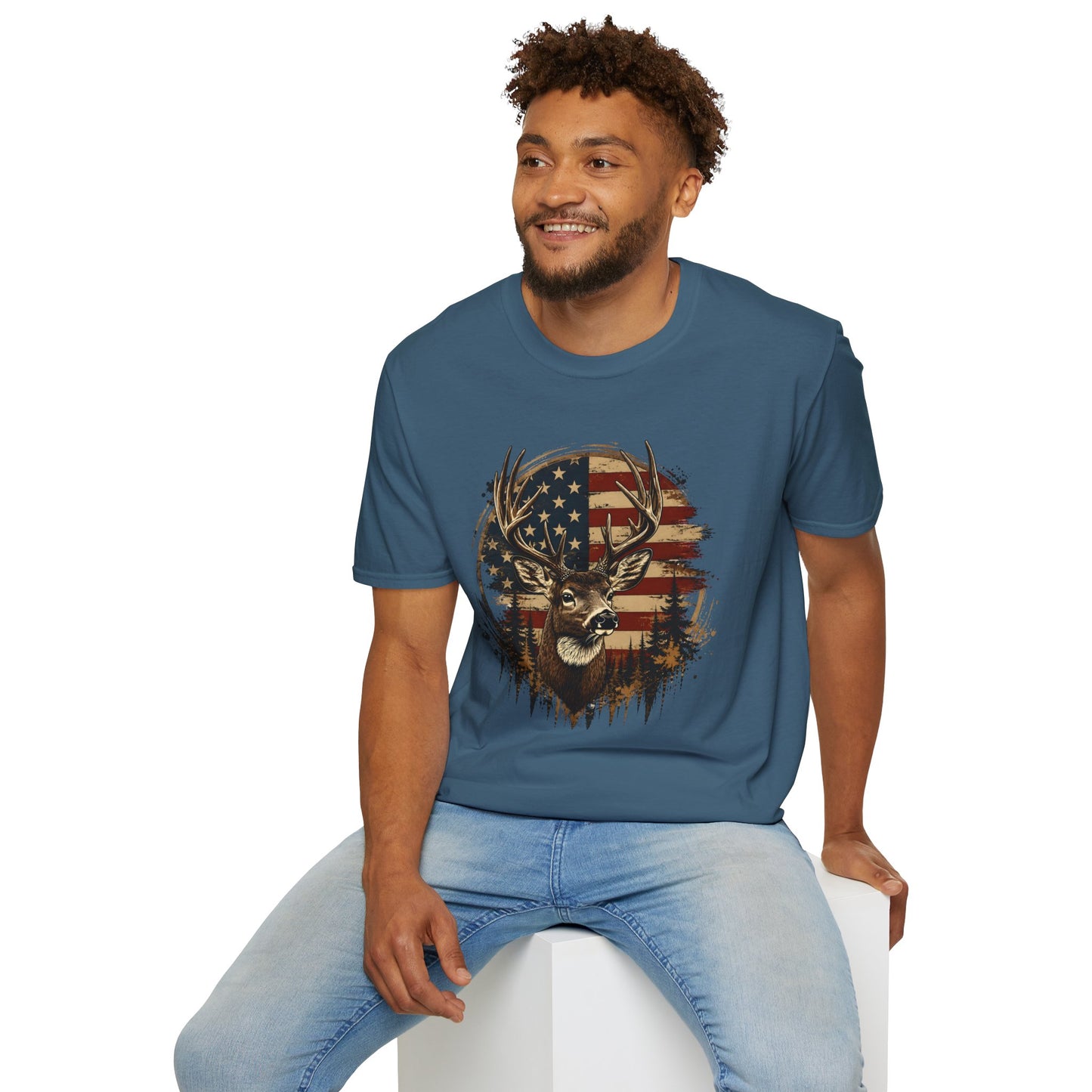 Patriotic Deer Graphic T-Shirt — American Flag Buck Hunting Tee