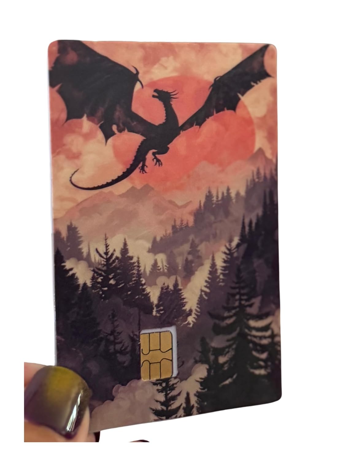 Crimson Sky Dragon Credit Card Skin – Sunset Flight Fantasy with Mountain Forest Background