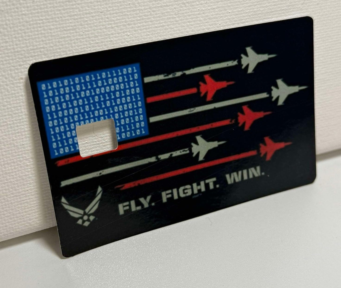 Fly Fight Win Credit Card Skin – USAF Jet Flag Design – Tactical Patriotic Debit Card Sticker for Chip Cards – Gift for Air Force Supporters