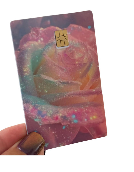 Rainbow Frost Rose Credit Card Skin – Sparkly Pastel Glitter Rose Design