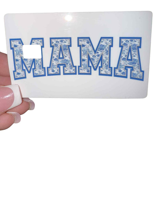 Blue Floral MAMA Card Skin – Decorative Mom-Themed Credit Card Sticker, Gift for Mothers