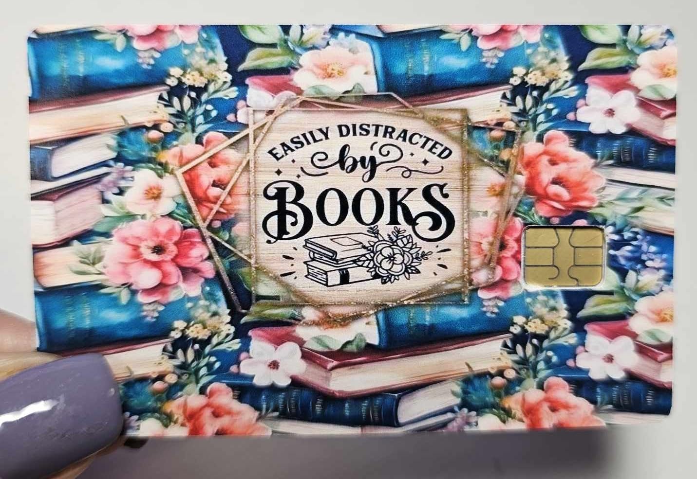 Easily Distracted by Books Credit Card Skin – Floral Book Lover Design – Cute Reading Debit Card Sticker for Chip Cards – Gift for Bookworms