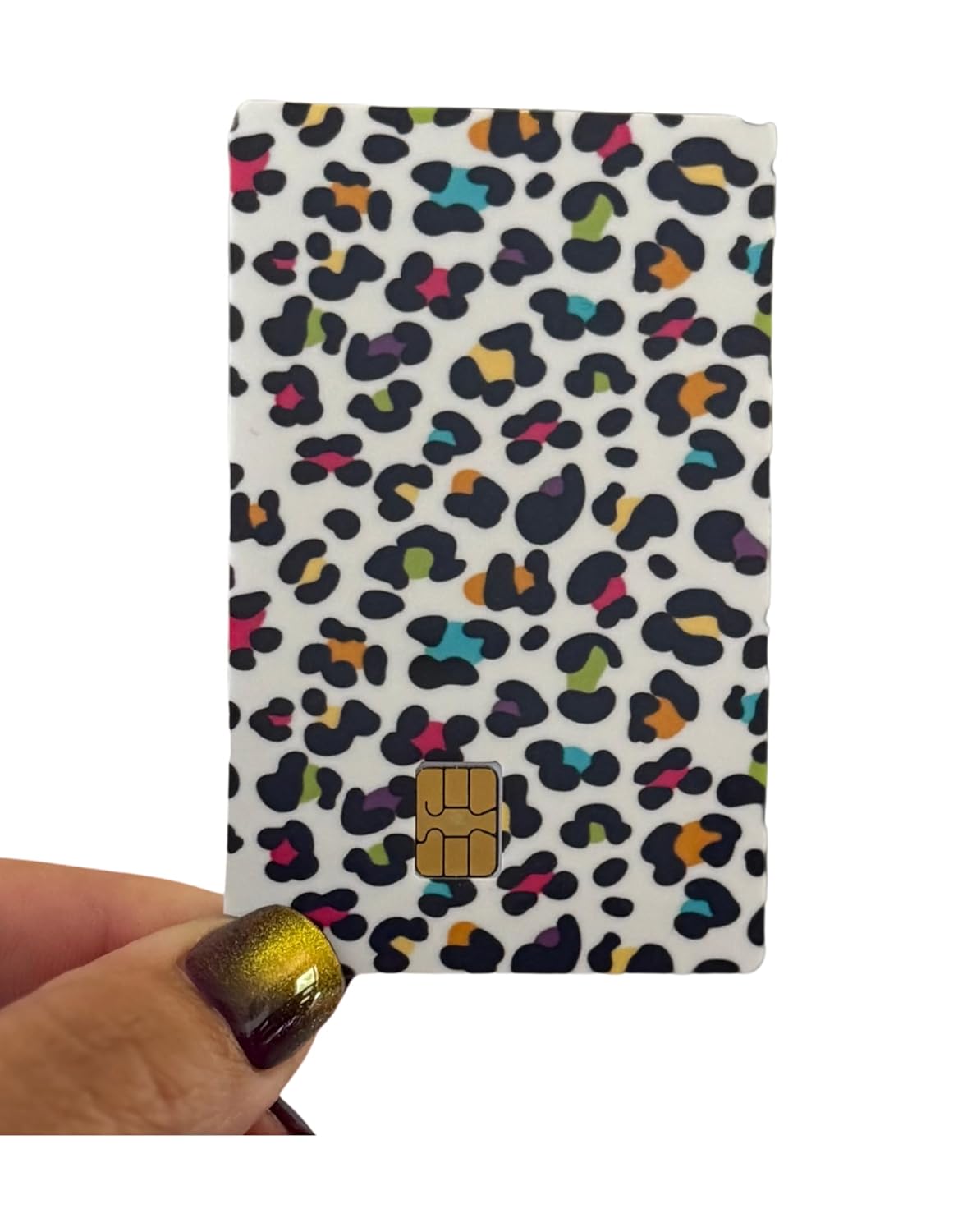Neon Leopard Print Card Skin – Bold Multicolor Cheetah Pattern on White Background