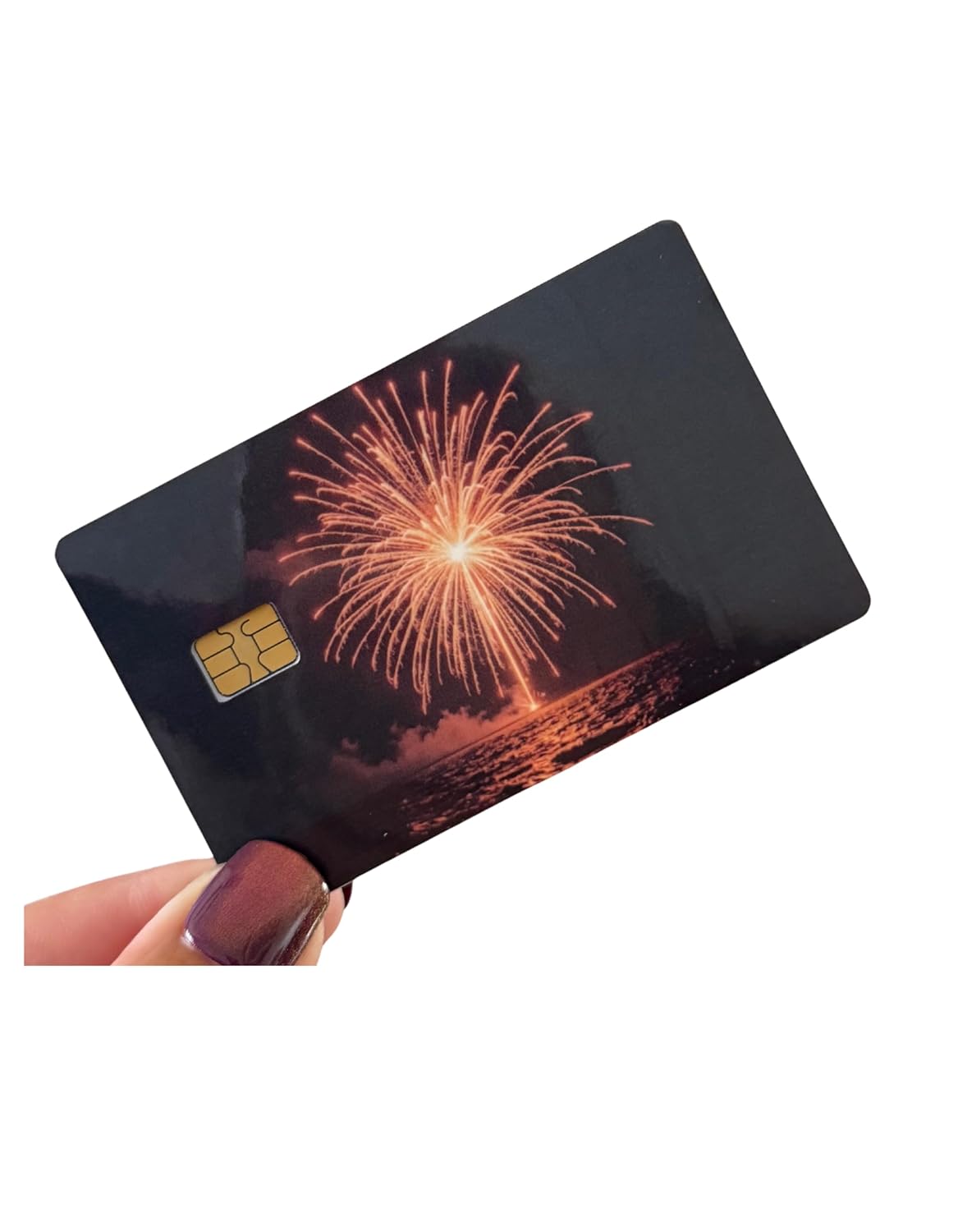 Golden Firework Night Card Skin – Sparkling Skyburst Over Water Print