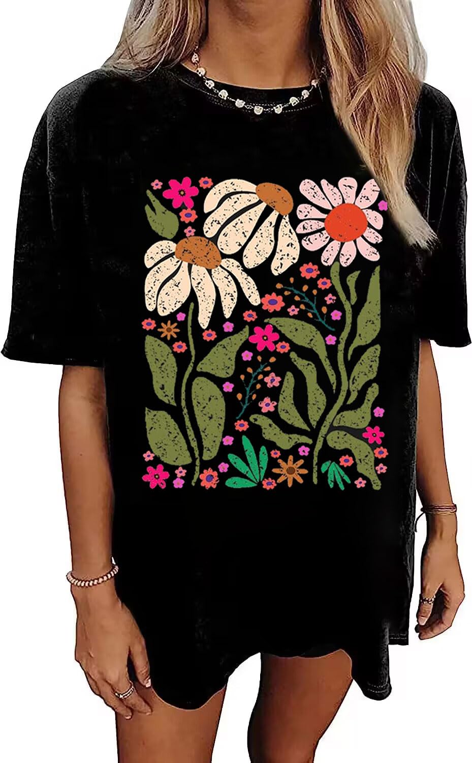 Oversized Tshirts for Women Flower Graphic Tees Cute Casual Crewneck Printed Shirts Funny Short Sleeve Tops