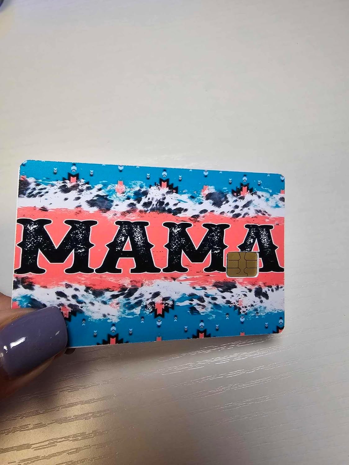 Mama Credit Card/Debit Card Sticker, Blue, Black and Peach Cow Print Pattern