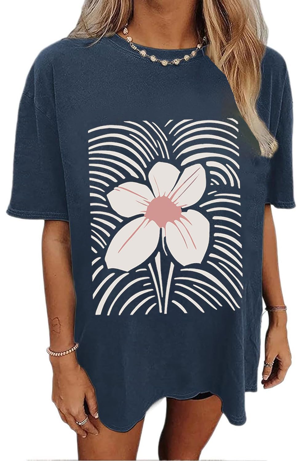 Oversized Tshirts for Women Flower Graphic Tees Cute Casual Crewneck Printed Shirts Funny Short Sleeve Tops