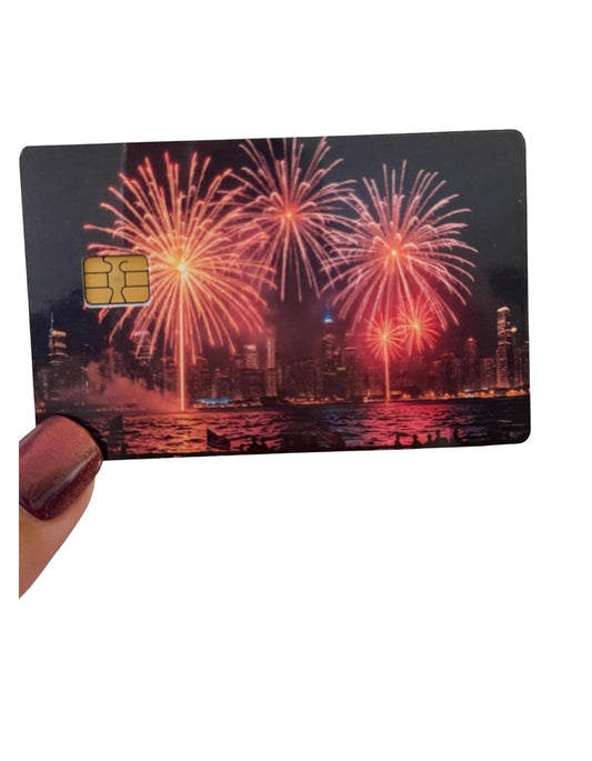 City Fireworks Spectacle Card Skin – Vibrant Fireworks Over Skyline for Chip Cards