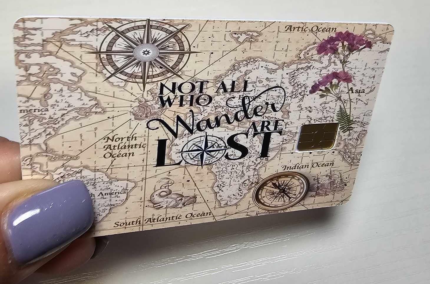 Not All Who Wander Are Lost Credit Card Skin – Vintage Map Design – Travel Debit Card Sticker for Chip Cards – Wanderlust Compass Theme