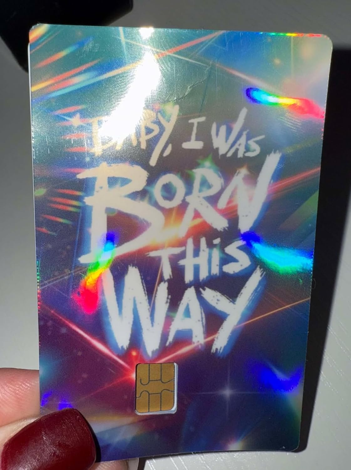 Born This Way Holographic Credit Card Skin – LGBTQ+ Pride Debit Card Sticker – Glitter Shine Card Cover for Chip Cards – Bold Affirmation Design