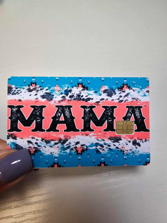 Mama Credit Card/Debit Card Sticker, Blue, Black and Peach Cow Print Pattern