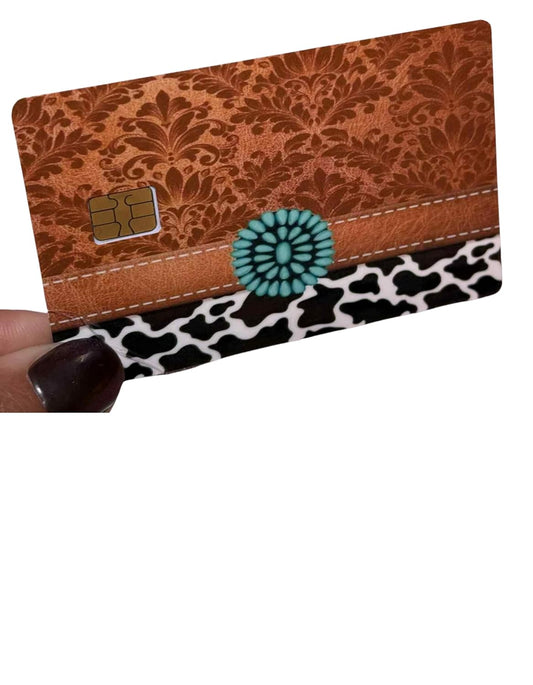 Western Leather & Turquoise Concho Card Skin – Cow Print Accent Credit Card Sticker