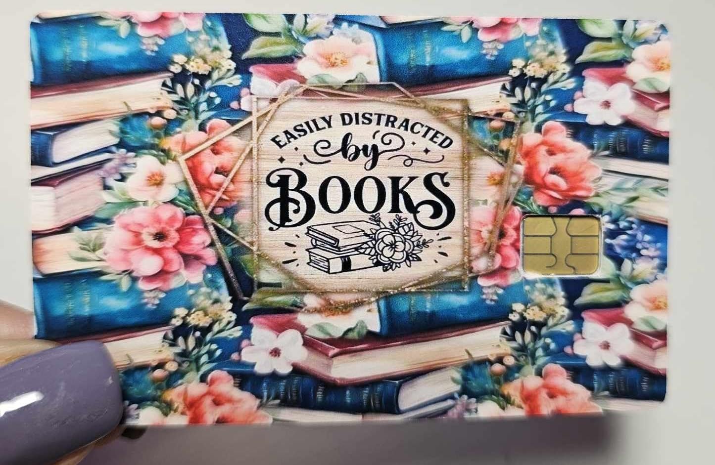 Easily Distracted by Books Credit Card Skin – Floral Book Lover Design – Cute Reading Debit Card Sticker for Chip Cards – Gift for Bookworms