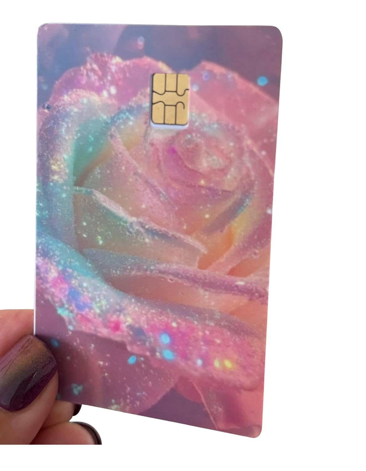 Rainbow Frost Rose Credit Card Skin – Sparkly Pastel Glitter Rose Design