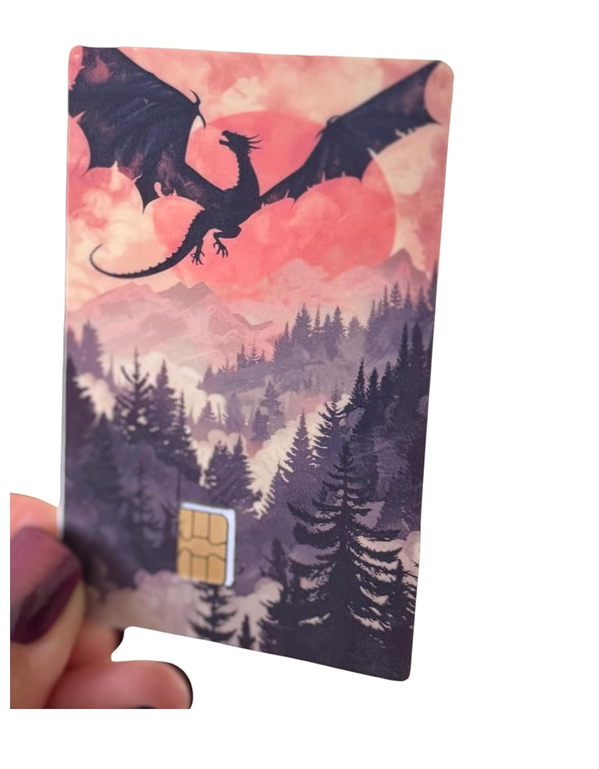 Crimson Sky Dragon Credit Card Skin – Sunset Flight Fantasy with Mountain Forest Background