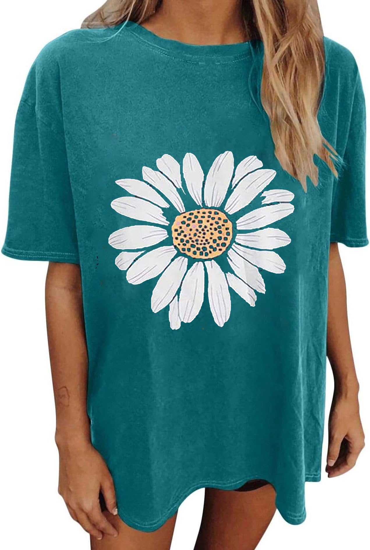 Oversized Tshirts for Women Flower Graphic Tees Cute Casual Crewneck Printed Shirts Funny Short Sleeve Tops