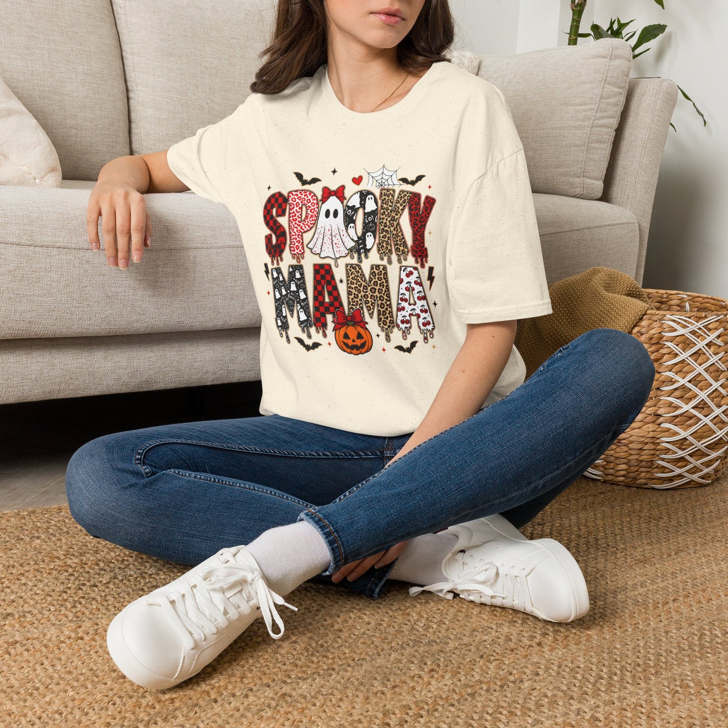 Spooky Mama T-Shirt — Cute Halloween Ghosts & Plaid Pumpkin Graphic Tee