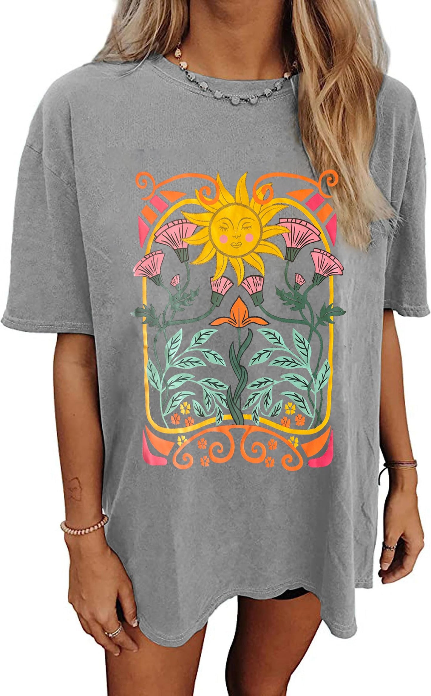 Oversized Tshirts for Women Flower Graphic Tees Cute Casual Crewneck Printed Shirts Funny Short Sleeve Tops