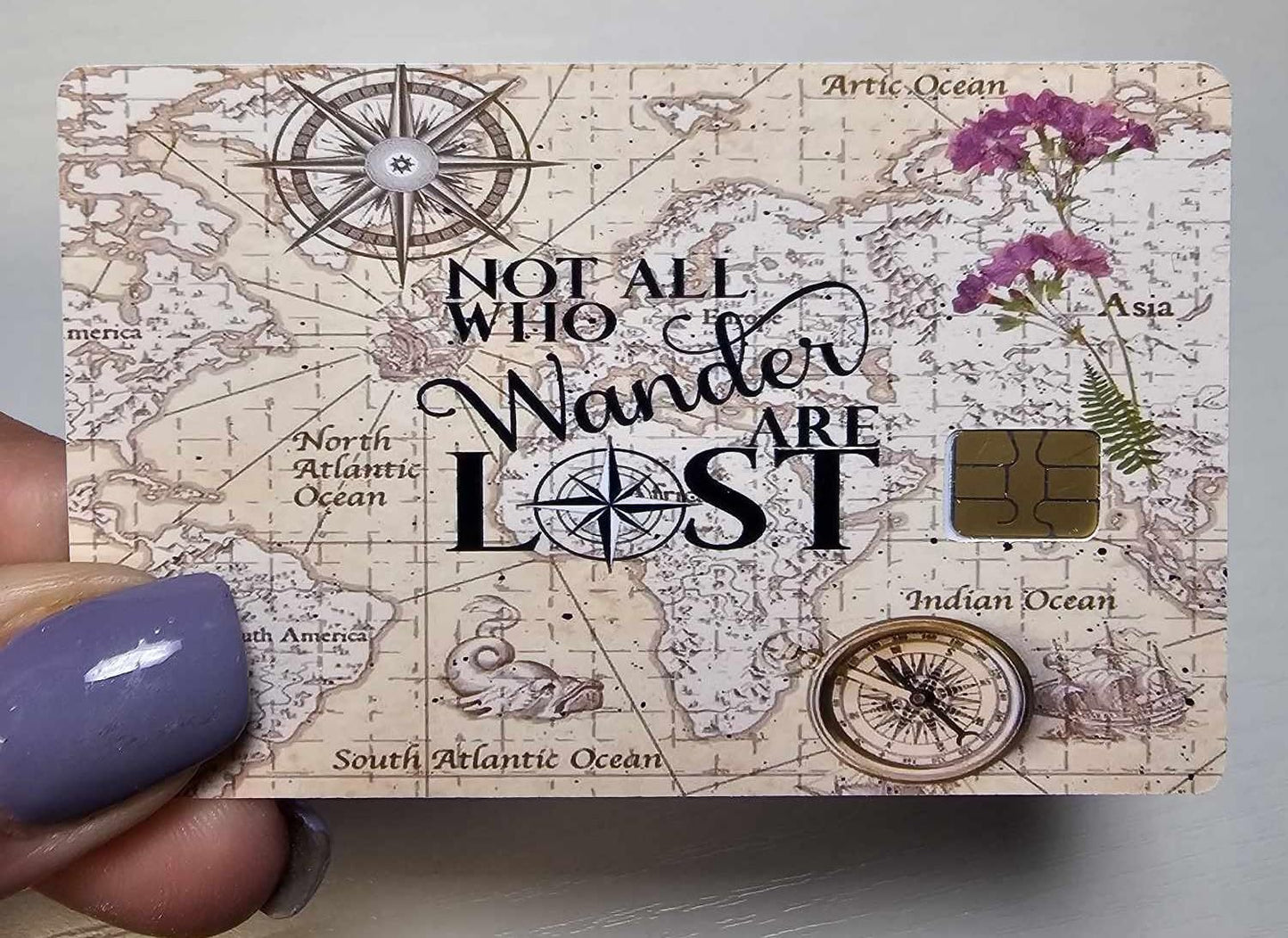Not All Who Wander Are Lost Credit Card Skin – Vintage Map Design – Travel Debit Card Sticker for Chip Cards – Wanderlust Compass Theme