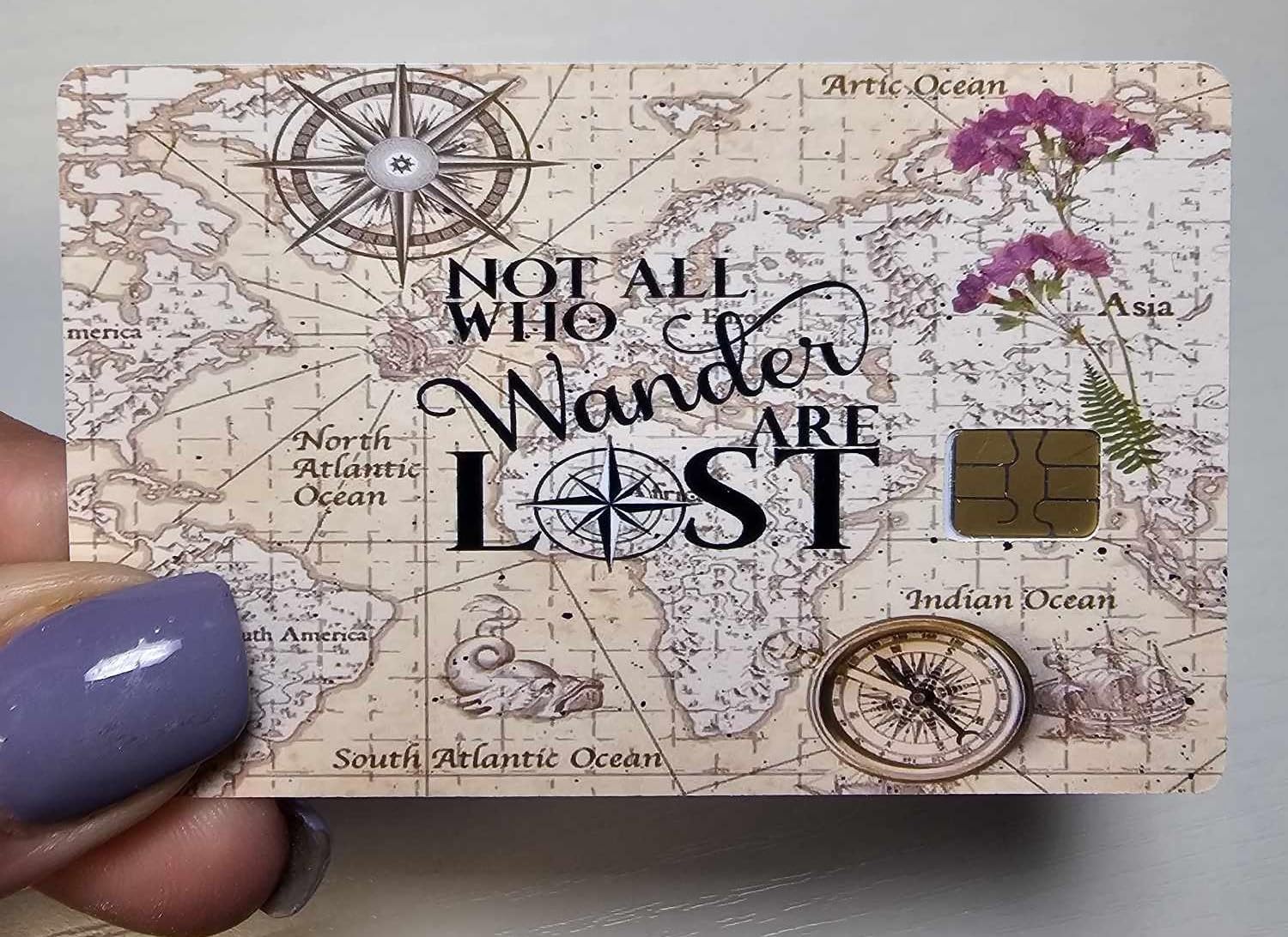 Not All Who Wander Are Lost Credit Card Skin – Vintage Map Design – Travel Debit Card Sticker for Chip Cards – Wanderlust Compass Theme