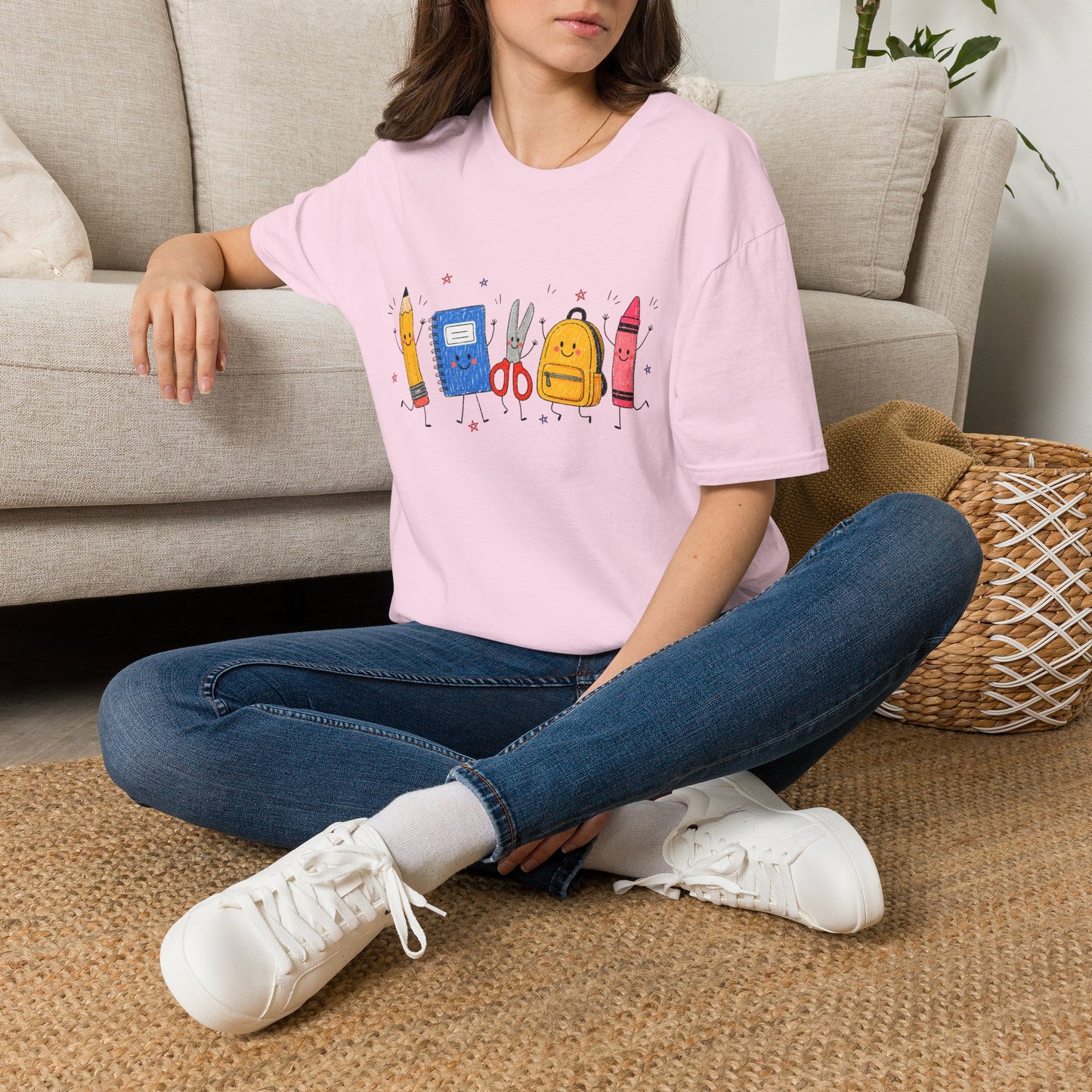 Back-to-School Cute School Supplies T-Shirt — Pencil, Notebook, Scissors & Crayon Design