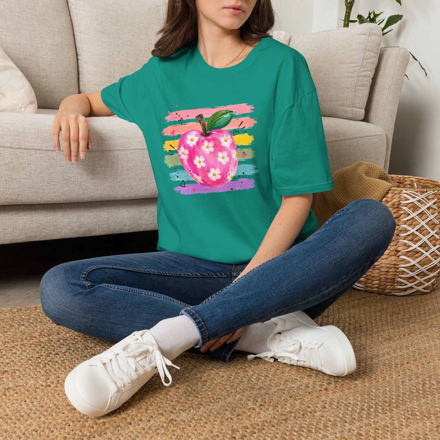 Floral Apple Graphic T-Shirt — Colorful Watercolor Teacher Gift