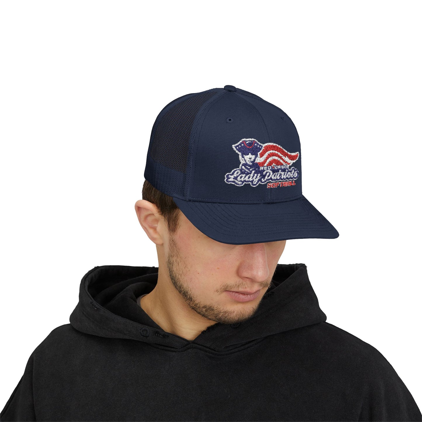 Patriotic Trucker Cap — Retro "Go Patriots" Embroidered Snapback