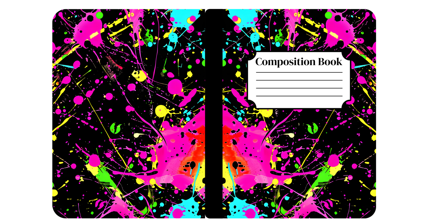 Neon Paint Splatter on Black Notebook Cover