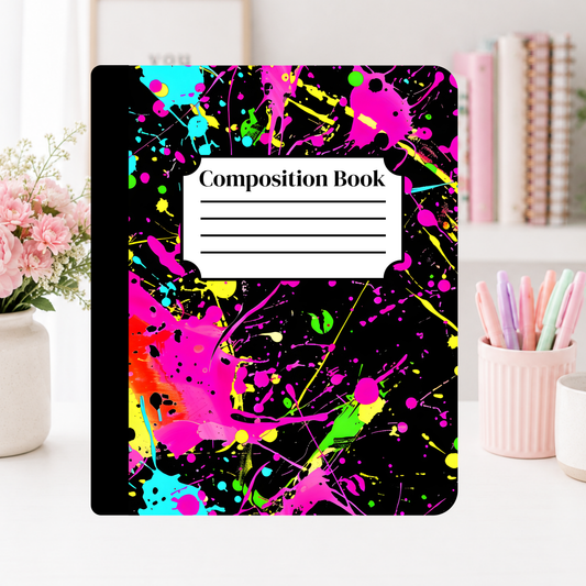 Neon Paint Splatter on Black Notebook Cover